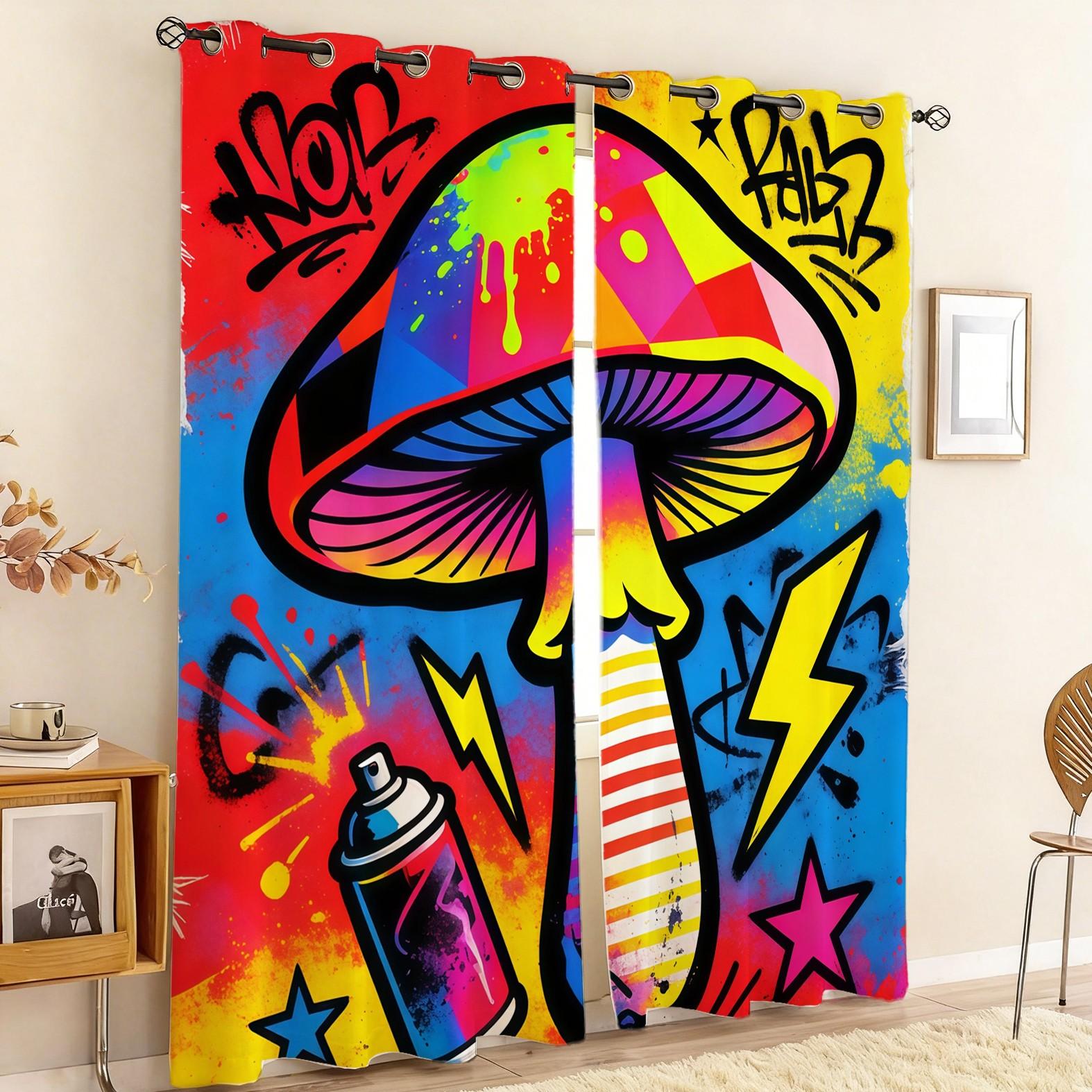 Lightning Mushroom Pattern Curtain Set, 2 Pieces, Ideal for Living Room, Balcony, Bedroom Windows, Perfect Home Decor for Seasons and Holidays