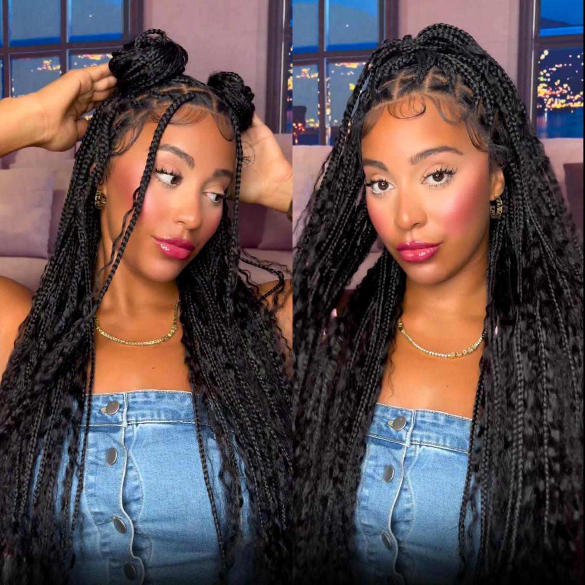【Human Hair Blend】Sunber Full Lace Boho Braided Wigs With Human Hair Curly Ends 34“ Pre Cut Lace Knotless Box Braid Wigs Island Twist Hairstyle Beginner Friendly SpringStatements