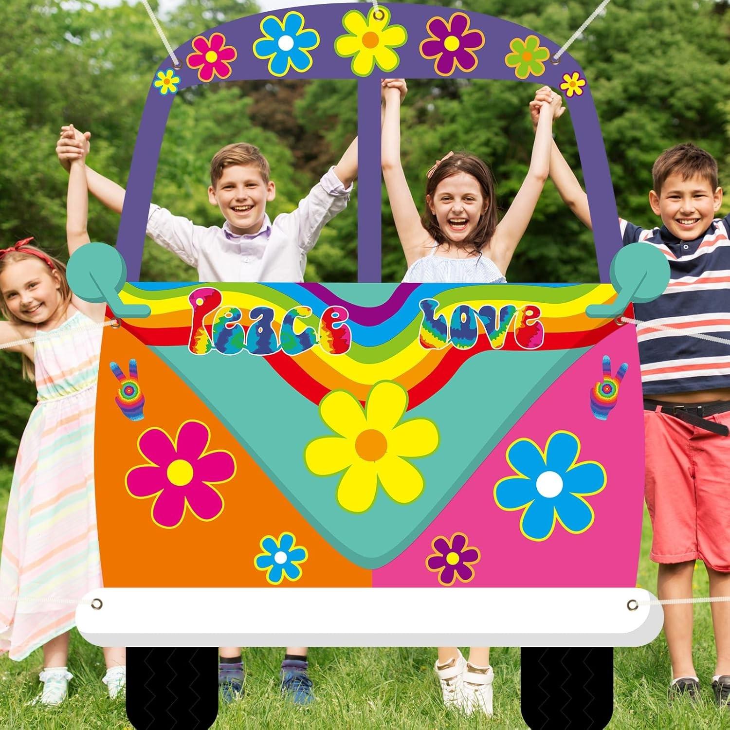 Large Hippie Bus Shaped Photo Prop 60s Party Decor 60's Retro Groovy Van Prop Fabric Hippie Selfie Frame Backdrop Background Banner Birthday Party Supplies Retro 60s 70s Party Favors 59 x 48.6Inch