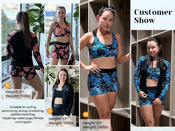 Holipick Long Sleeve Swimsuits for Women - Three Piece Rash Guard with Shorts Zipper SPF Swim Shirt with Built in Bra