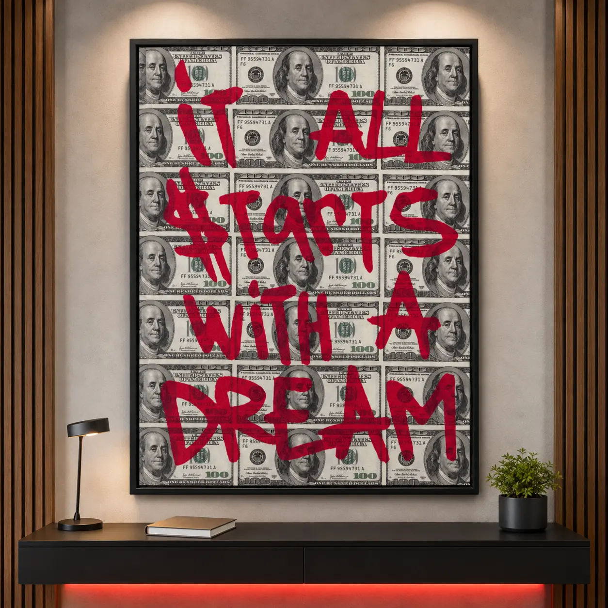 It All Starts With a Dream Money Canvas Wall Art with Black Frame, Motivational Hundred Dollar Bill Graffiti Poster,Entrepreneur Office Bedroom Man Cave Decor, Inspirational Gift for Hustlers