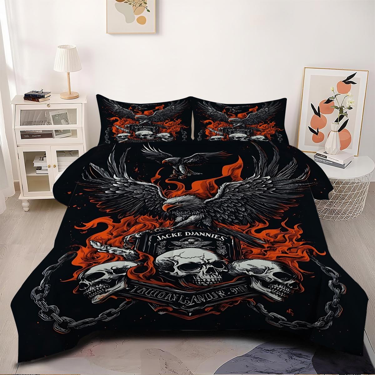 Dark Gothic Eagle Skull Bedding Set, 2/3 Pcs Comforter & Pillowcases, No Pillow Core, All‑Weather Comfortable Comforter Set, Ideal for Guest Bedroom, Boys Room, Game Room, Holiday Gift, Trendy Heavy Metal Room Styling