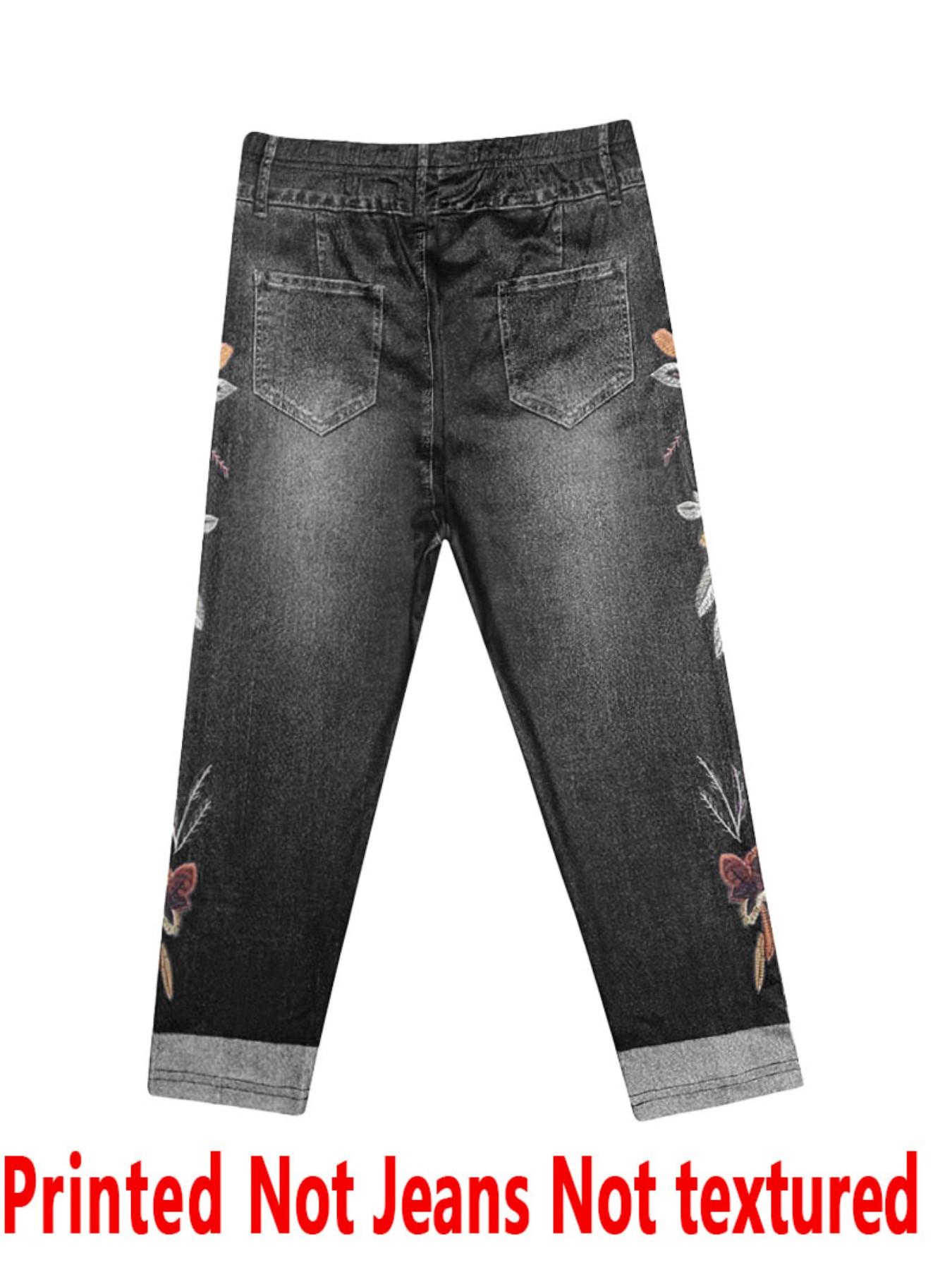 Women's Printed Skinny Pants Non-Denim Fabric, Ladies Seven-Inch Print Jeans-Like Bottoms, All Seasons Fashion