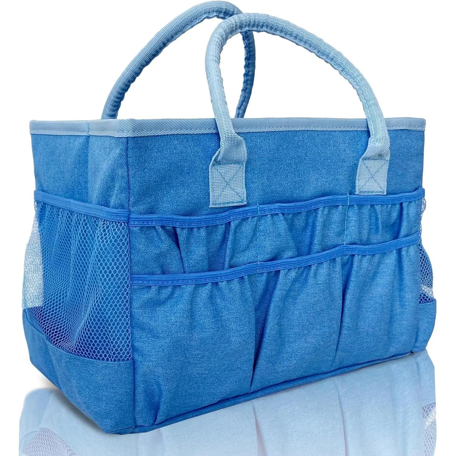 Cupohus Craft Organizer Tote Bag – Craft Caddy with Mesh Side Pockets & Front Elastic Pockets, Foldable Large Capacity Supply Storage Bag for Sewing, Knitting, Painting, and Travel (Blue)