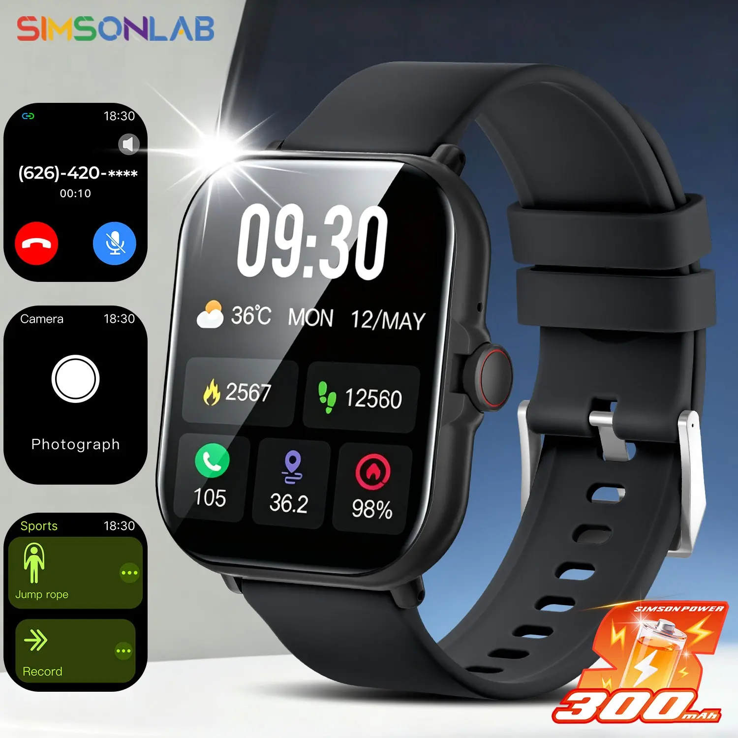 SIMSONLAB Smart Watch, Sports Smart Watch,Wireless Calling & Dialing,1.83-inch HD Touchscreen,Activity Recorder,Pedometer,App Notifications,Fitness Tracker,Camera Control,Multi-Sport Modes,Gift for Men and Women, Compatible with iPhone Android