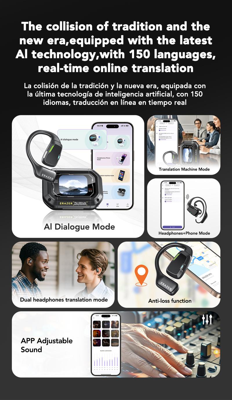 ERAZER Open Ear Translation Earbuds, Support 135 Languages Translator with APP, Real Time Translator Earbuds, OWS LCD Touchscreen Translator Bluetooth Headphones Long Battery Life Ear Buds Compatible with iPhone, Android, Black