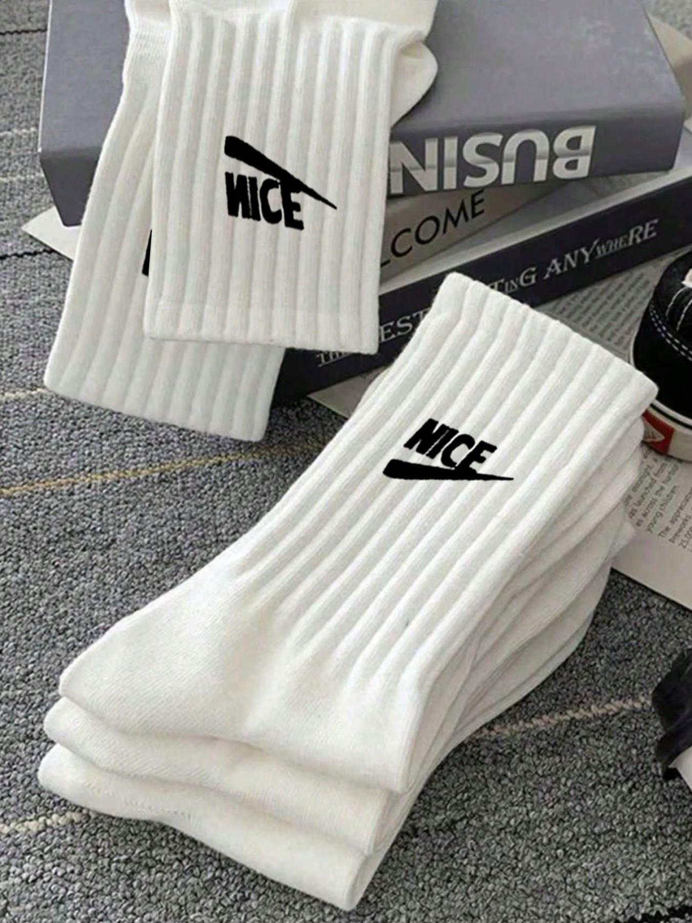 5 Pairs Letter Pattern Unisex Mid-Calf Casual Sports Socks, Sporty Fitted All Seasons, Plain Design