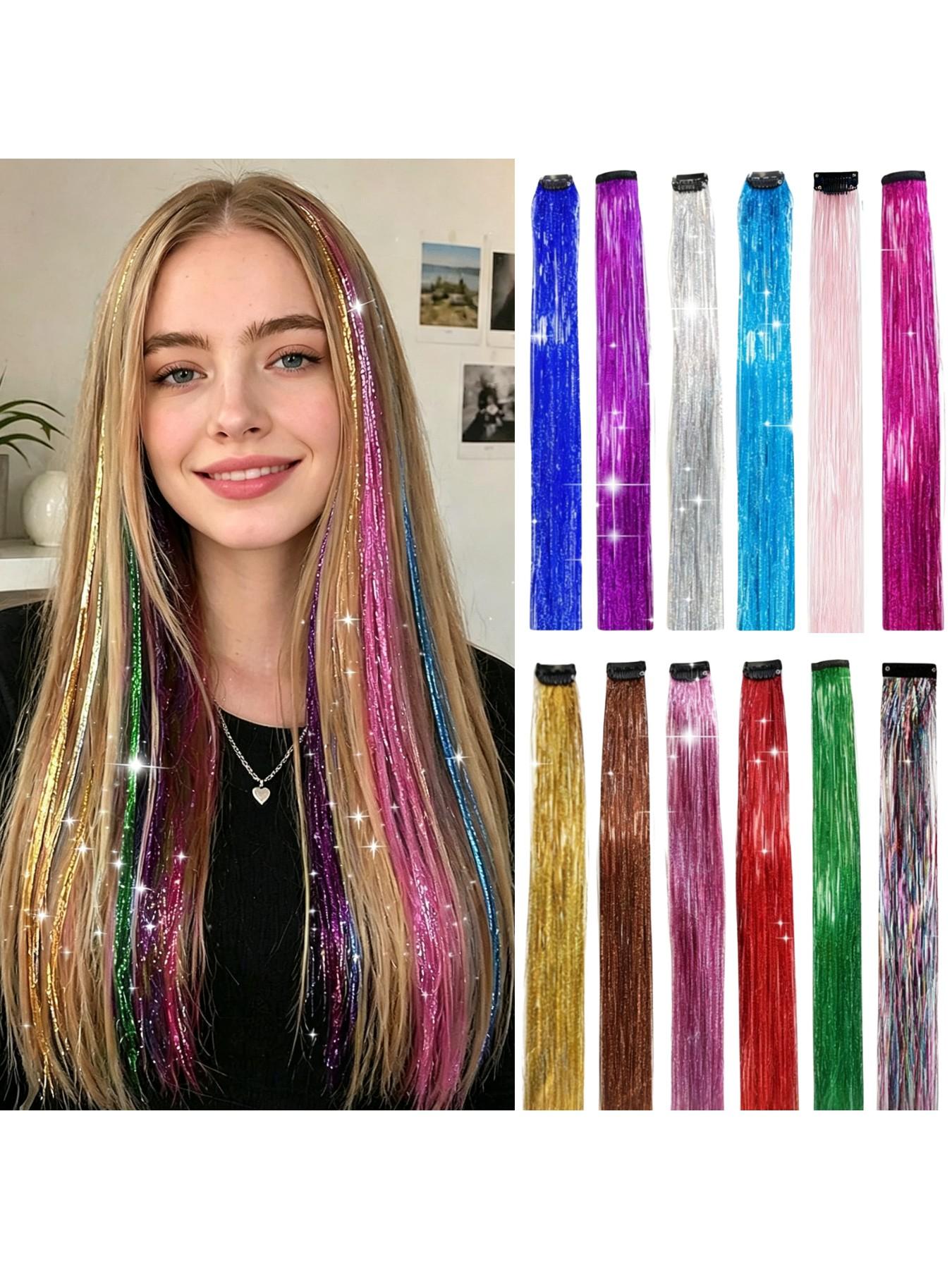 Rainbow Hair Tinsel Pack of 12 Pcs Clip in Hair Tinsel 20 Inch Glitter Tinsel Hair Extensions, Festival Tinsel Fairy Hair Extension Party Dazzle Hair Accessories Strands Kit Clip on Hairpieces