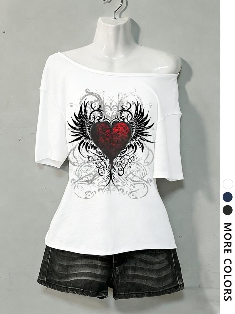 Women's Asymmetrical Neck Digital Print Summer Casual T-Shirt, Vintage Campus Style, Fashion Trend Letter Design Women's Asymmetrical Neck Digital Print Summer Casual T-Shirt, Vintage Campus Style, Fashion Trend Letter Design