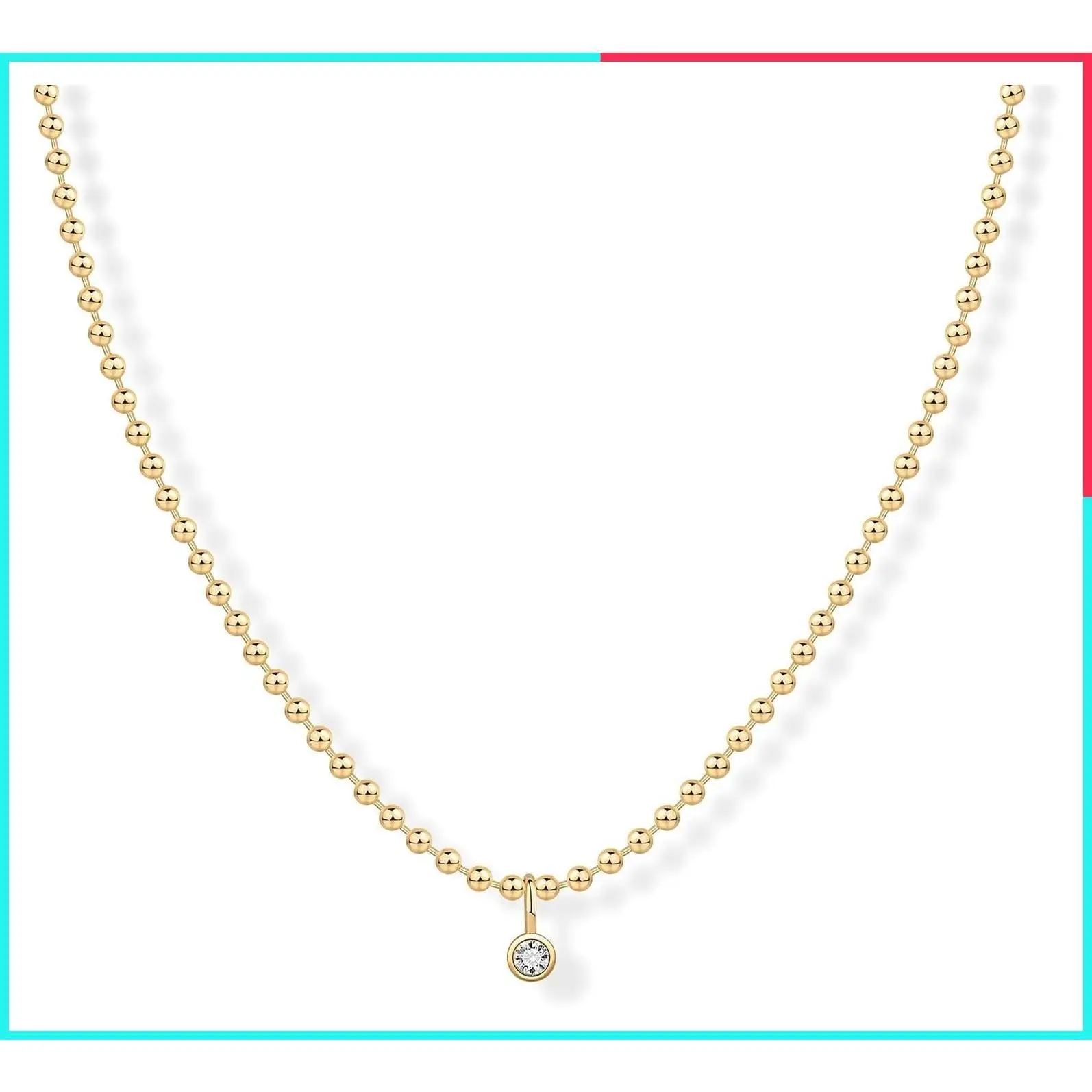 14K Gold Plated Dainty Bezel-Set Solitaire Pendant Necklace for Women with Beaded Chain and Round, Princess, Marquise Cubic Zirconia Pendant