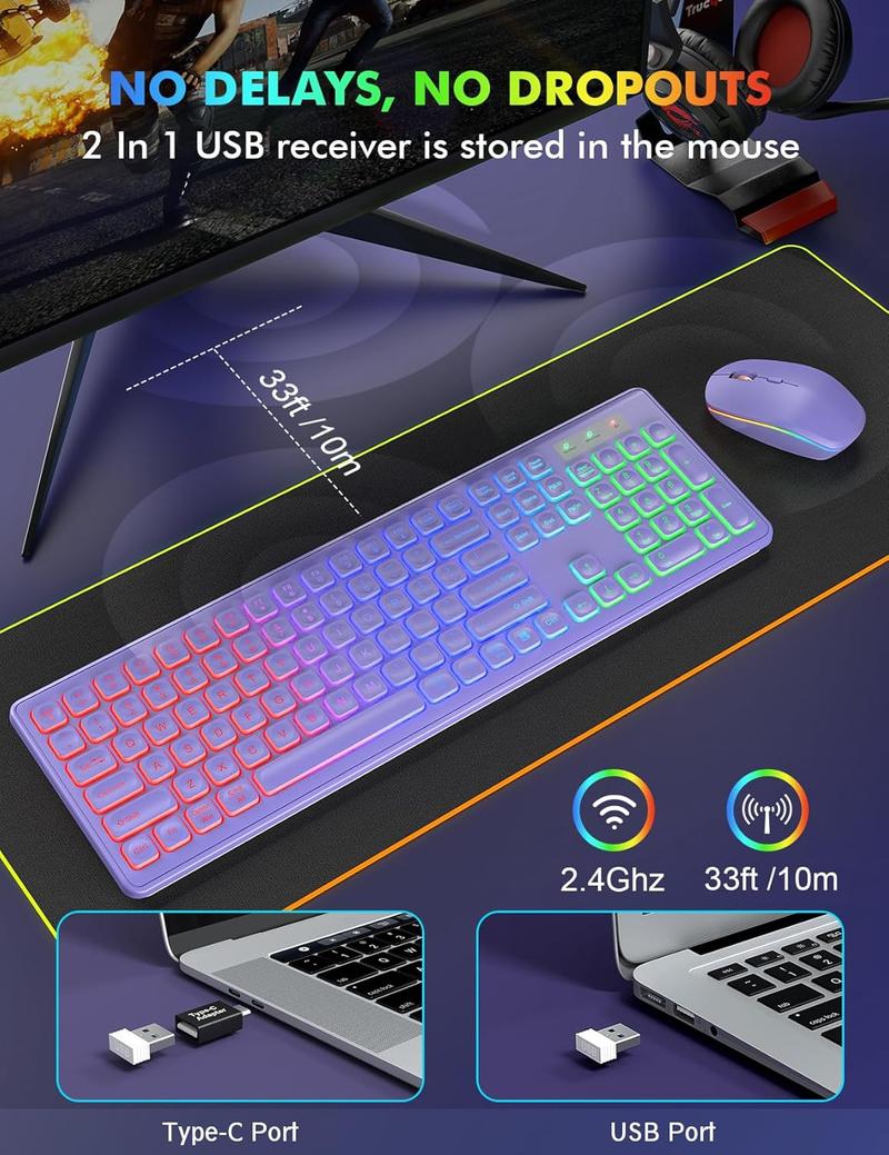 Wireless Keyboard and Mouse Combo - RGB Backlit, Rechargeable & Light Up Letters, Full-Size, Ergonomic Tilt Angle, Sleep Mode, 2.4GHz Quiet Keyboard Mouse for Mac, Windows, Laptop, PC