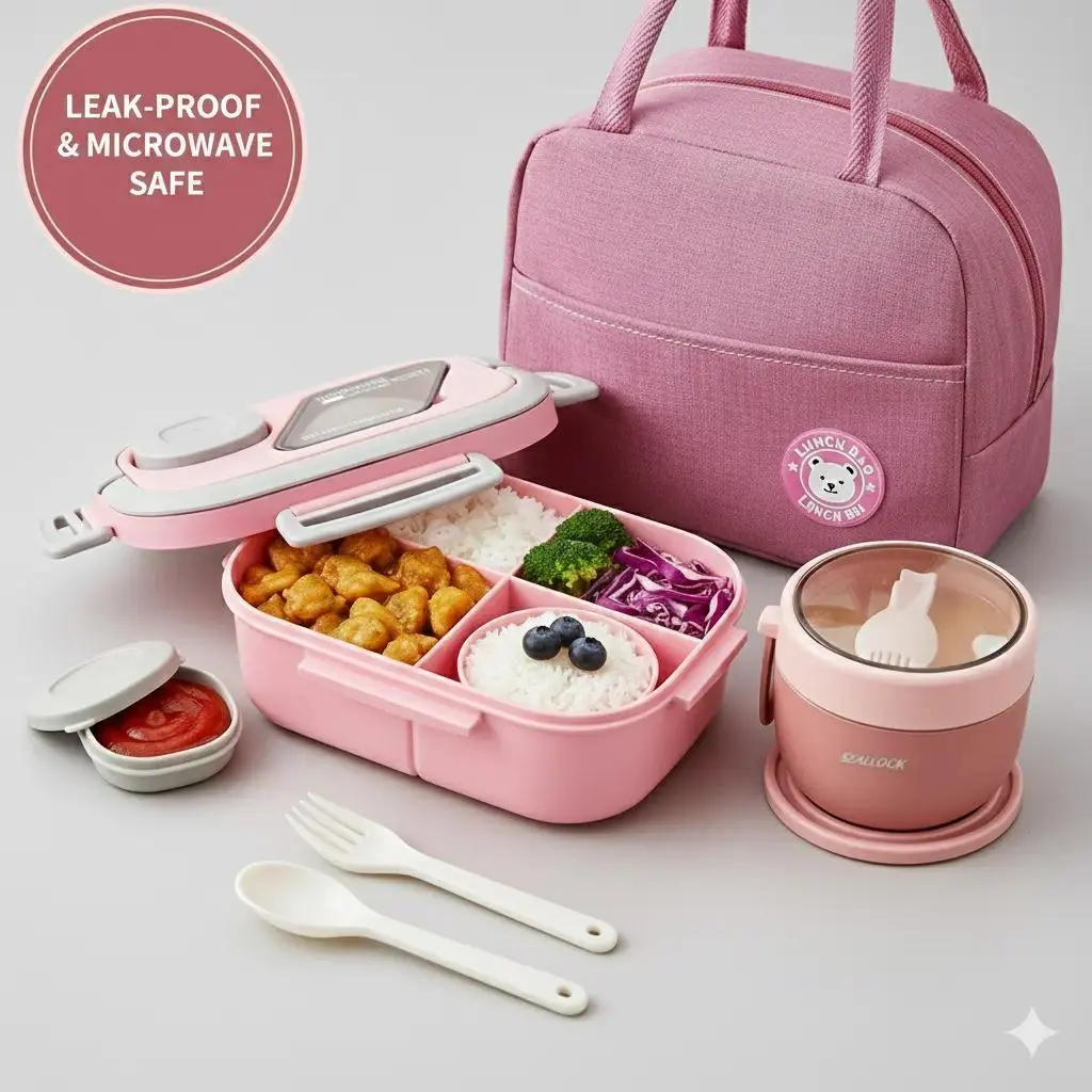 2-layer multi-compartment lunch box set: lunch box + cup + bag. Lunch set with cutlery and sauce box. Microwave safe, suitable for school, work, outdoor lunch box Bpa Free Plastic lunch box Microwavable Bento Box