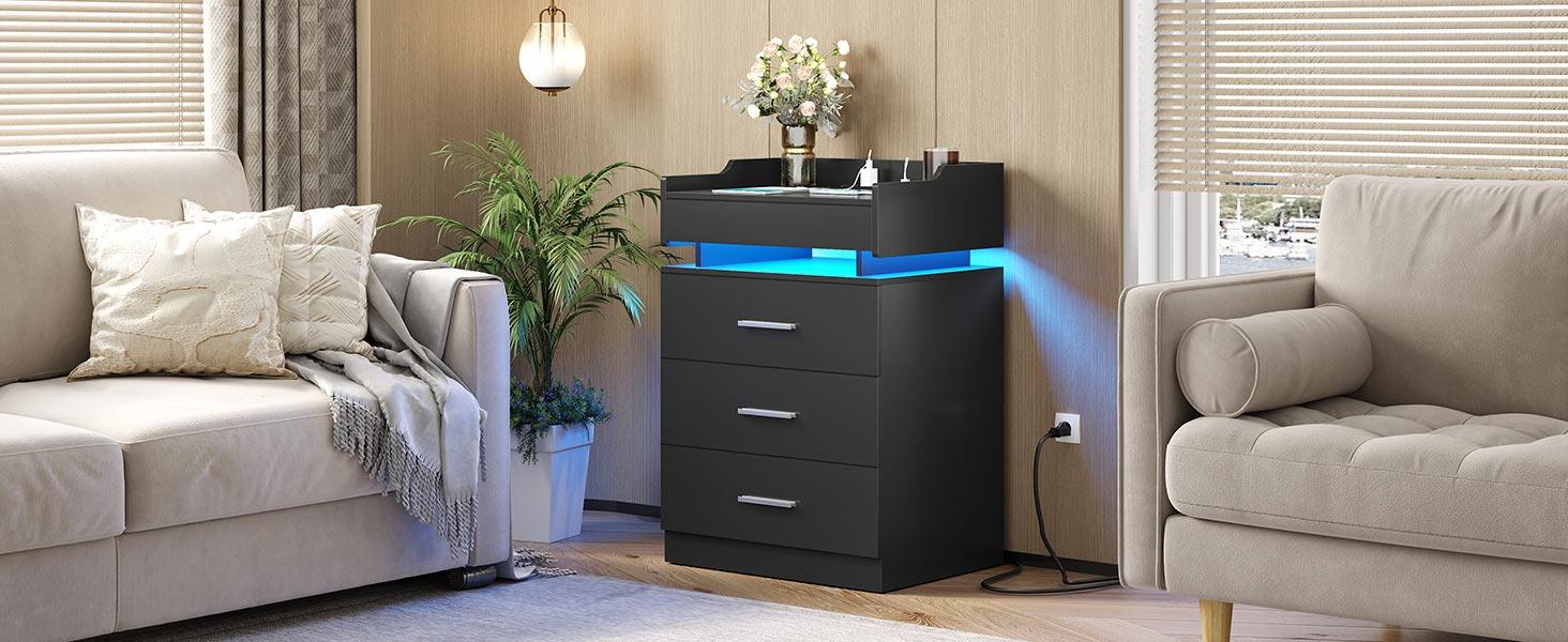 Sikaic Large Nightstand With Charging Station And LED Lights Furniture Bedroom Table Drawer