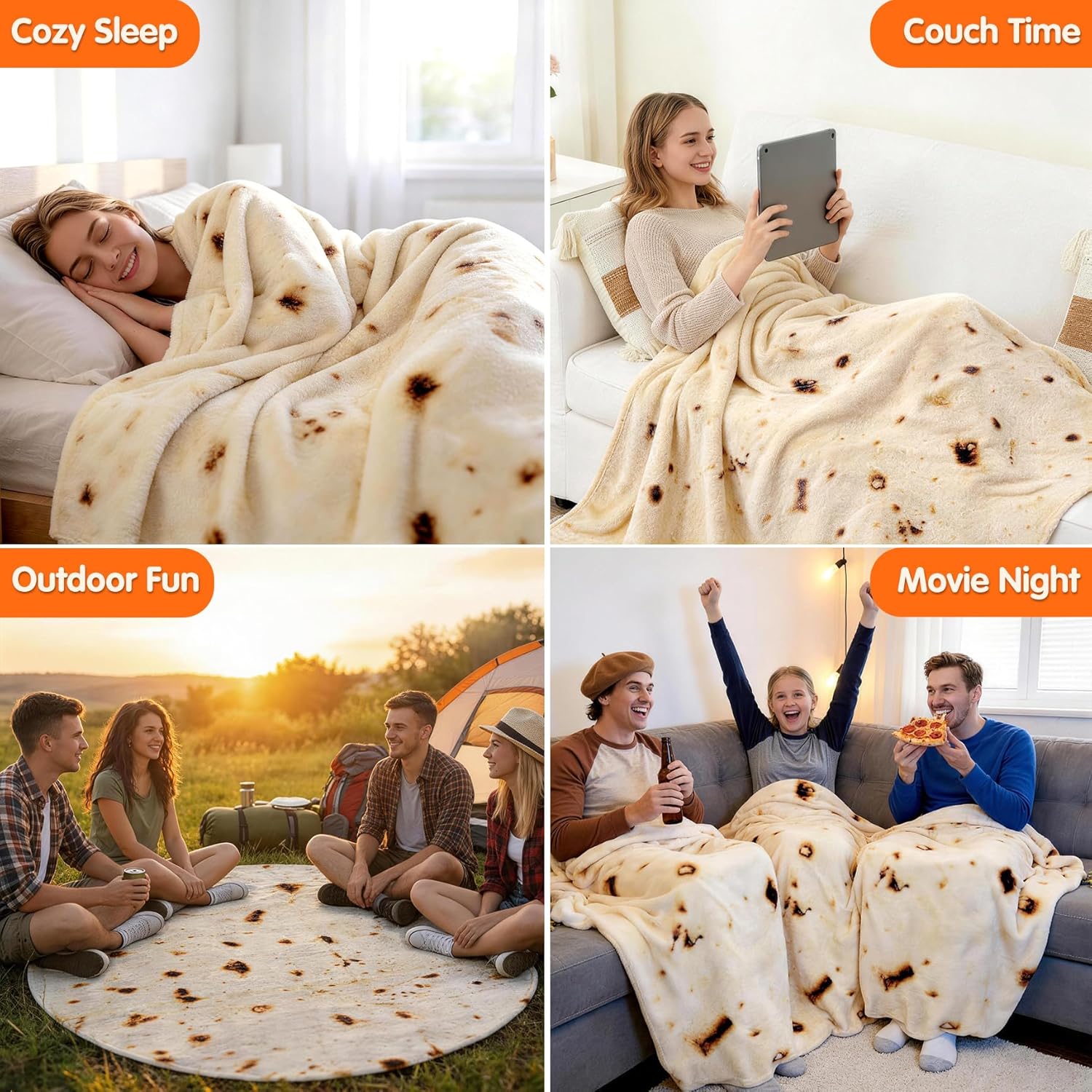 Burrito Tortilla Throw Blanket 60 inches for Adult , Birthday Gifts for Boys Girls Novelty Tortilla Wrap Blanket Funny Gifts for Women Men Teens, 285GSM Soft Flannel Taco Blanket(Beige)