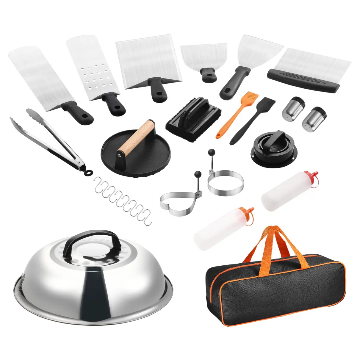 28 PCS Heavy-Duty Stainless Steel Griddle Accessories Kit, Flat Top Grill Spatula, Scraper & BBQ Utensils Set for Outdoor Camping, Backyard Barbecue Cooking Supplies with Handle Covers Covers Handles Silicone Meat Thick Black