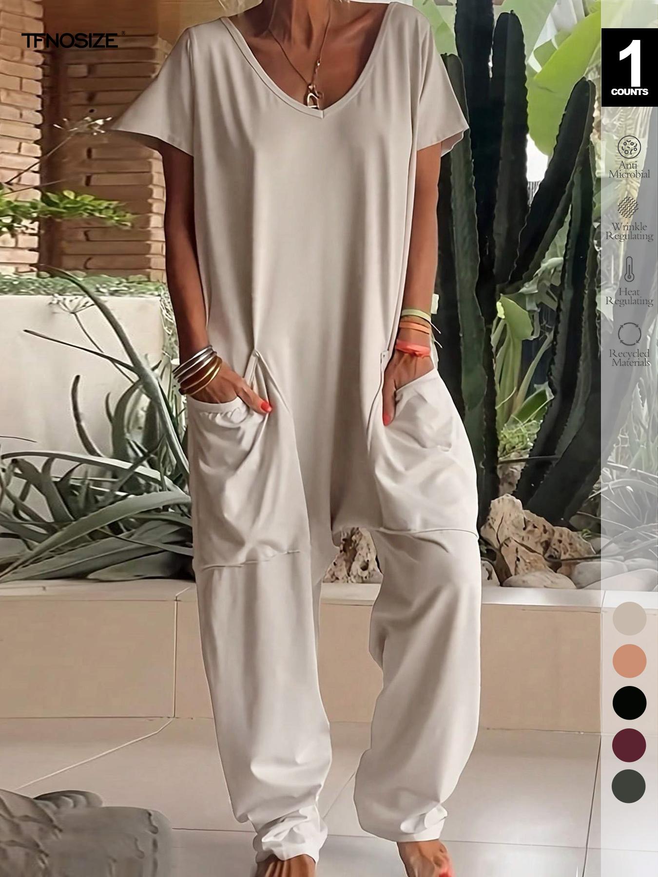 1/2/3 pcs Oversized Women's Harem Jumpsuit, Bohemian Style One-Piece Romper with Side Pockets, Casual Fashion for All-season 2026