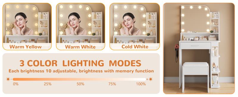 Linor Small Makeup Vanity Desk with Mirror and Lights, 26.4 Small Vanity for Small Space with Stool and Charging Station, Compact Vanity with 3 Color Lighting Modes (White)
