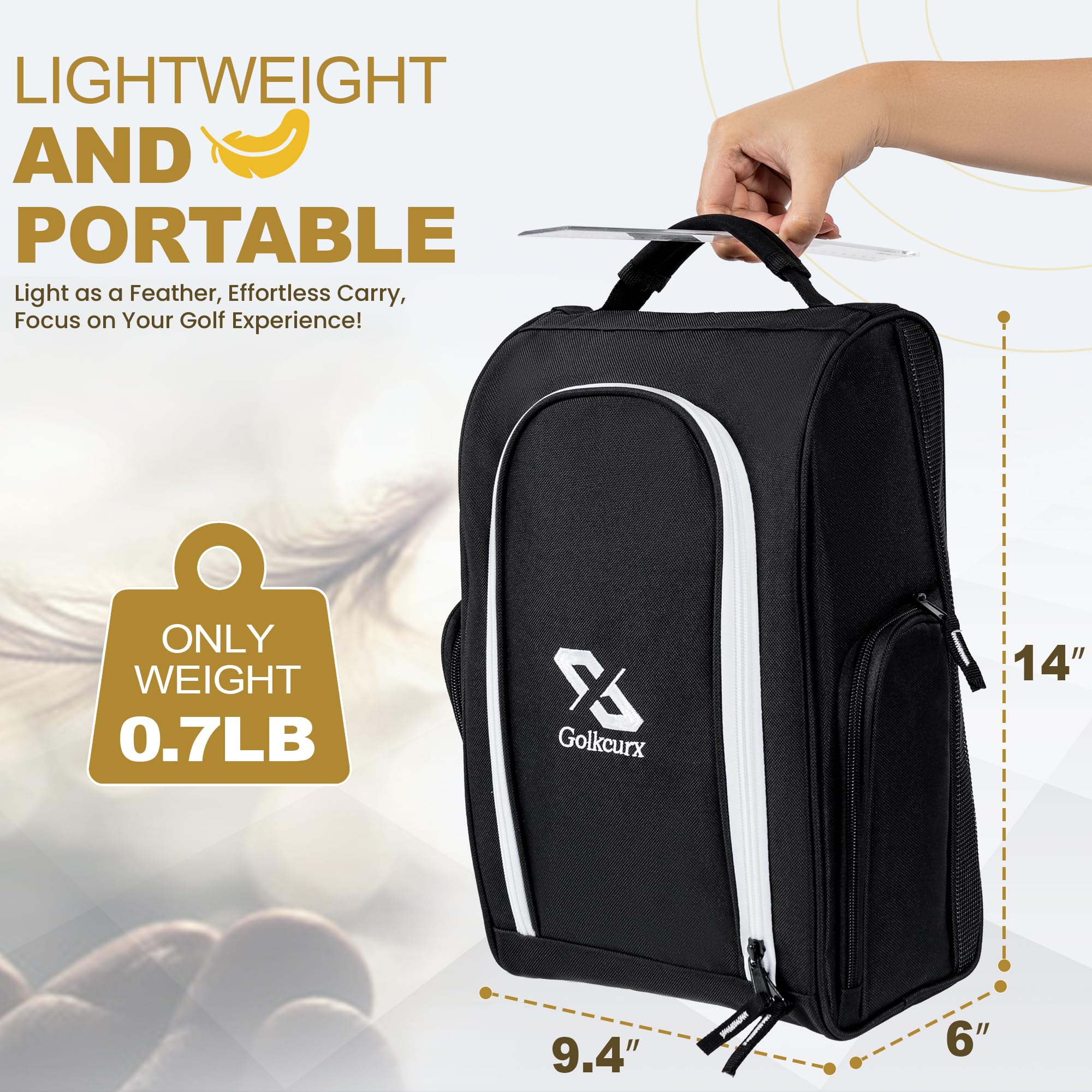 Golf Shoe Bag for Travel Zippered Sport Shoe Carrier Bags with Side Accessory Pockets for Socks, Tees, Golf Balls