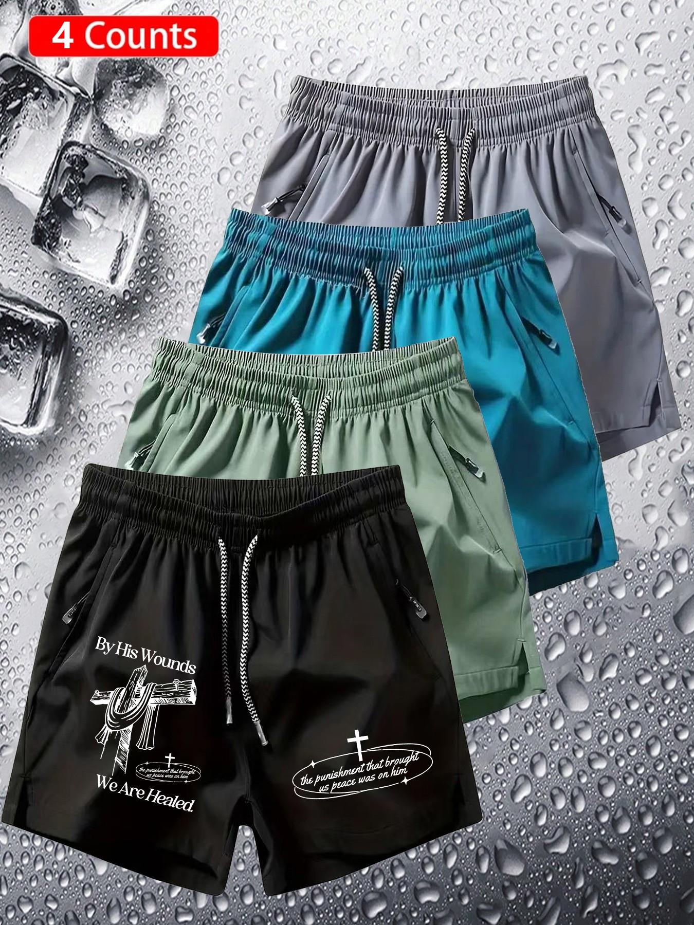 4 Pcs American Faith Shorts, Vintage Trendy, Cross Bible Verse Print, Quick-Dry Breathable Fabric, Unisex Sporty Shorts Set