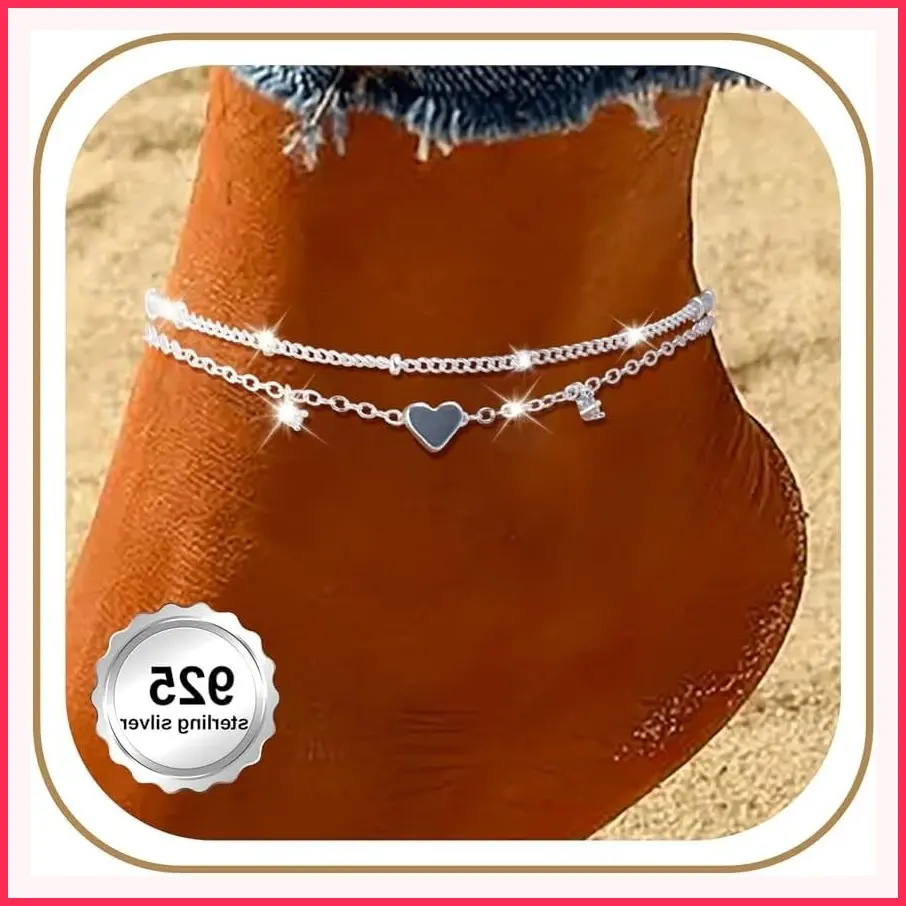 Gold & Silver Anklet Bracelets for Women Waterproof Non Tarnish 925 Sterling Silver Plated Heart Evil Eye Butterfly Charm Dainty Summer Beach Anklets Beach Vacation Bikini Outfits Gift for Her Mom