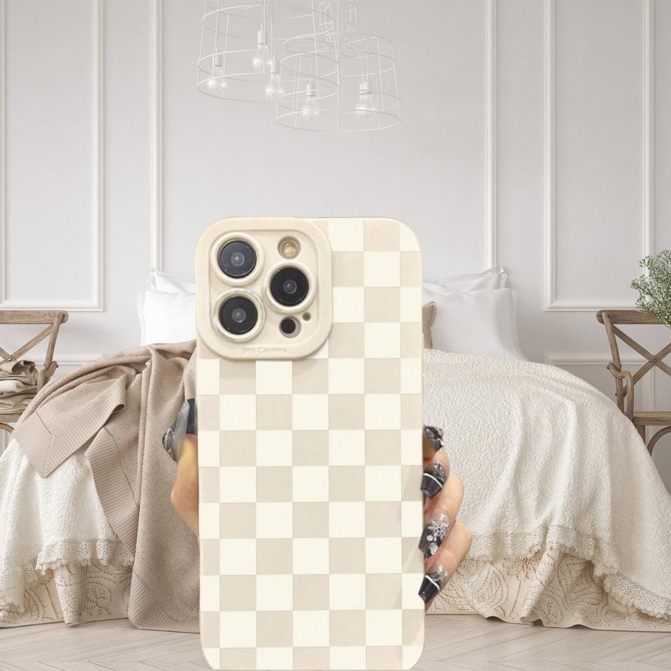 Checkerboard Pattern Phone Case, Anti-drop Cellphone Protective Case, Total Protective Shockproof Mobile Phone Cover for iPhone 11 12 13 14 15 16 17 Pro Max, Casing, Protector, Smartphone, Cream