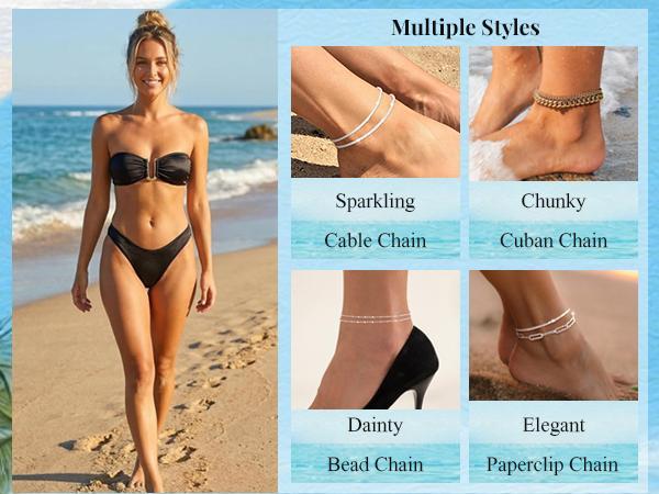 Dainty Layered Waterproof Anklet Set for Women, Adjustable Stackable Figaro Beaded Cuban Link Anklets, 14K Gold Plated Tarnish-Resistant Foot Jewelry, Summer Beach Essential & Valentine's Day Gift, Hypoallergenic All-Match Accessories