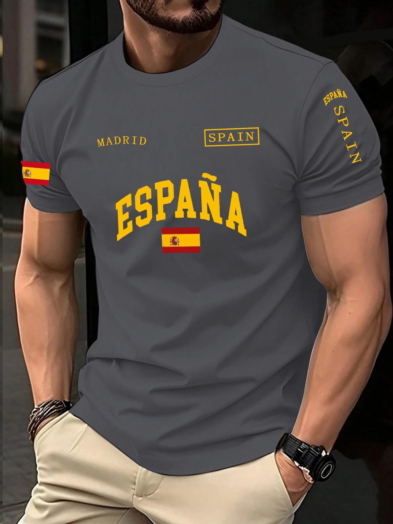 Men's Spanish Style Letter Print Short Sleeve T-Shirt, Summer New Arrival, Breathable Quick-Dry Casual Top, Streetwear Fashion