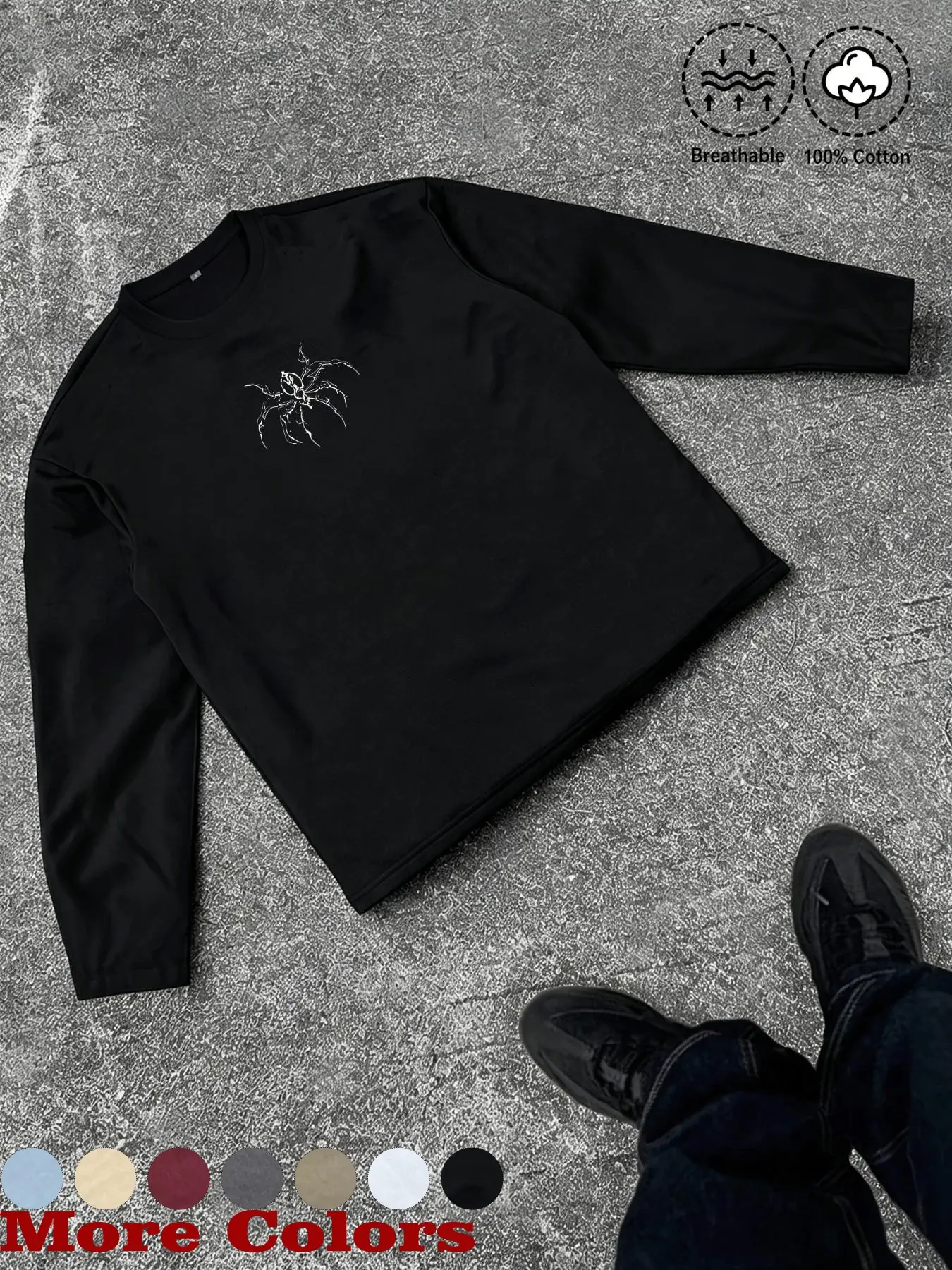 Dark Spider Line Print 100% Cotton Long Sleeve T-Shirt, Unisex Casual Loose Fit, Breathable High Street Basic Top, All Seasons