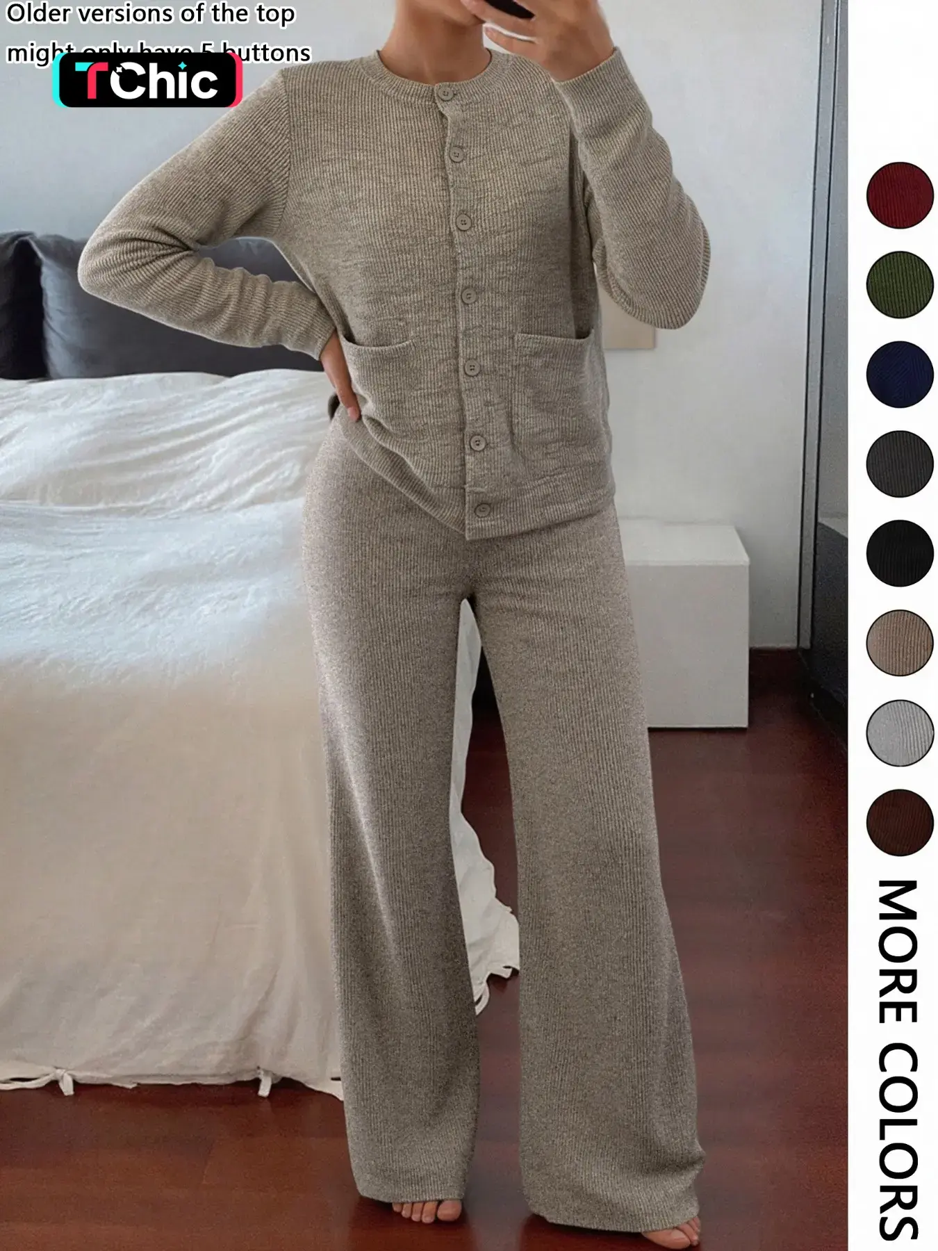 Women's Casual Comfortable Round Neck Long Sleeve Knit Sweater Set, High Waist Versatile Wide Leg Pants, Perfect for Daily Wear