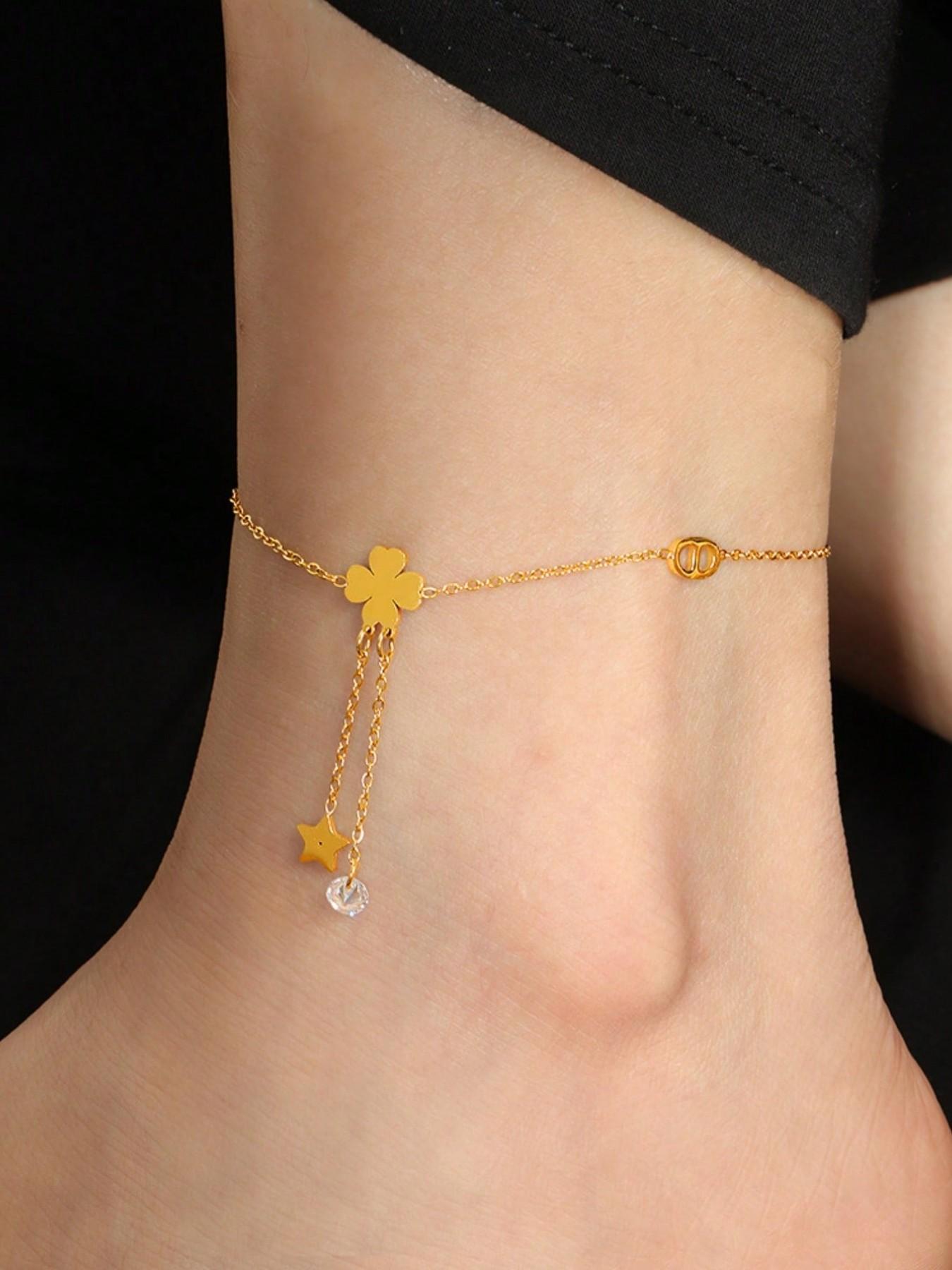 Fashionable Delicate Tassel Four-Leaf Clover Anklet, Unique Five-Pointed Star Pendant, Everyday & Party Jewelry, 1pc