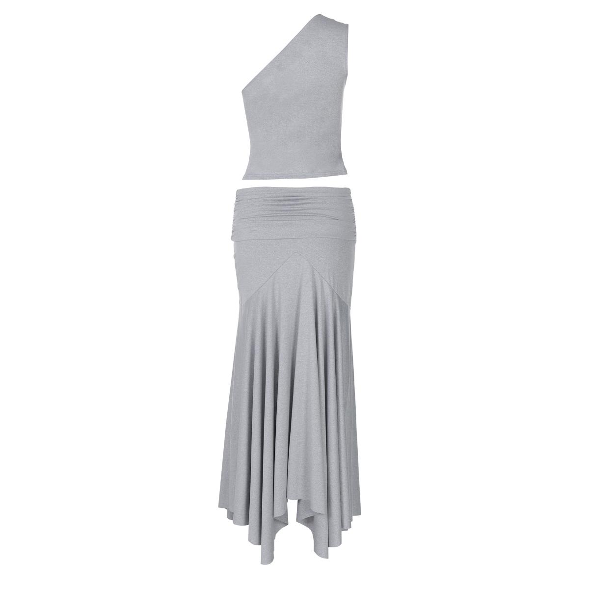 Two-piece Set, Beach Outfits Set, Women's Solid Color One Shoulder Knotted Sleeveless Tank Top & Bodycon Ruched Irregular Hem Skirt, Casual Outfits for Daily Outdoor Wear, Ladies Clothes for Summer