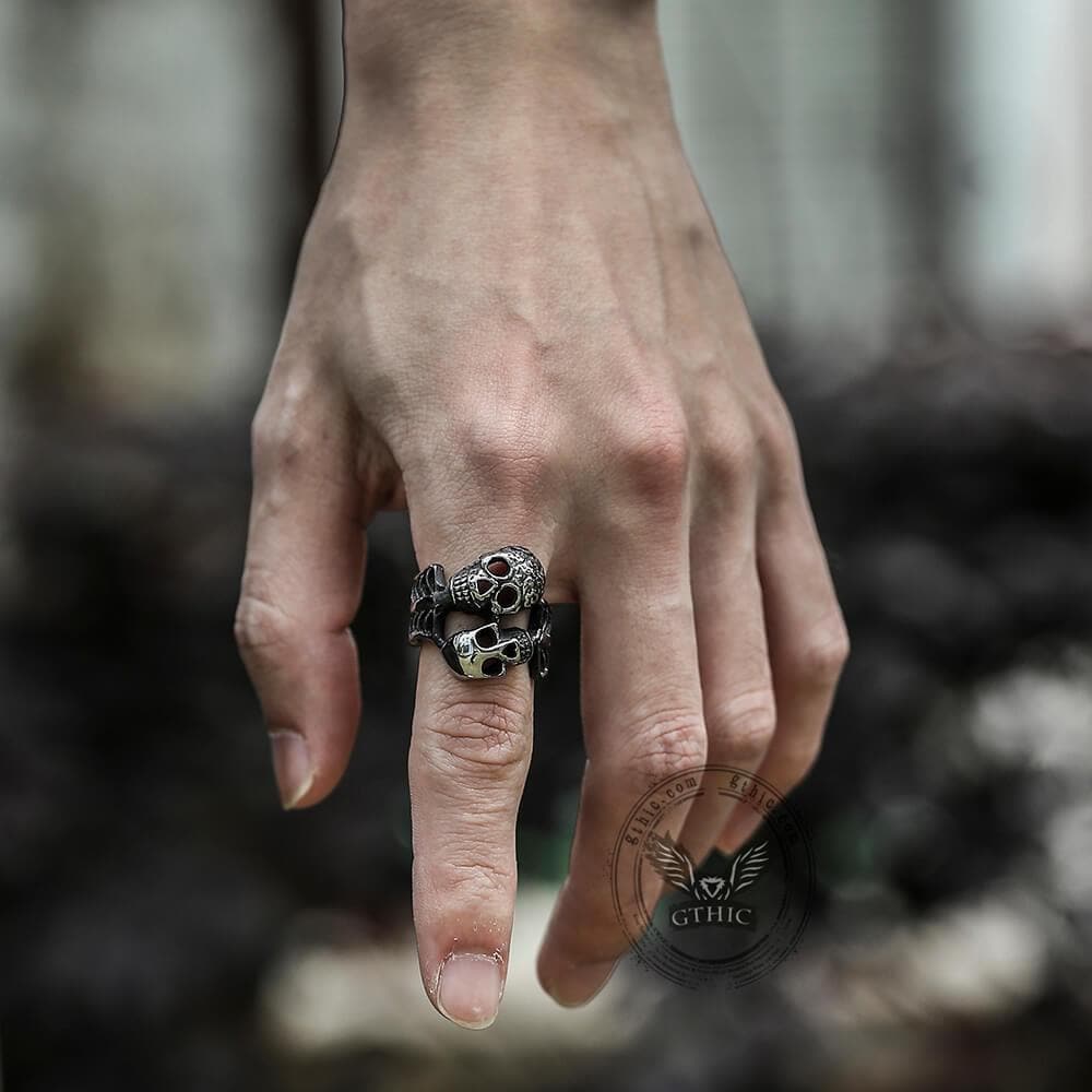 GTHIC Punk Double Skulls Stainless Steel Ring Gothic Fashion Accessories for Daily Wear