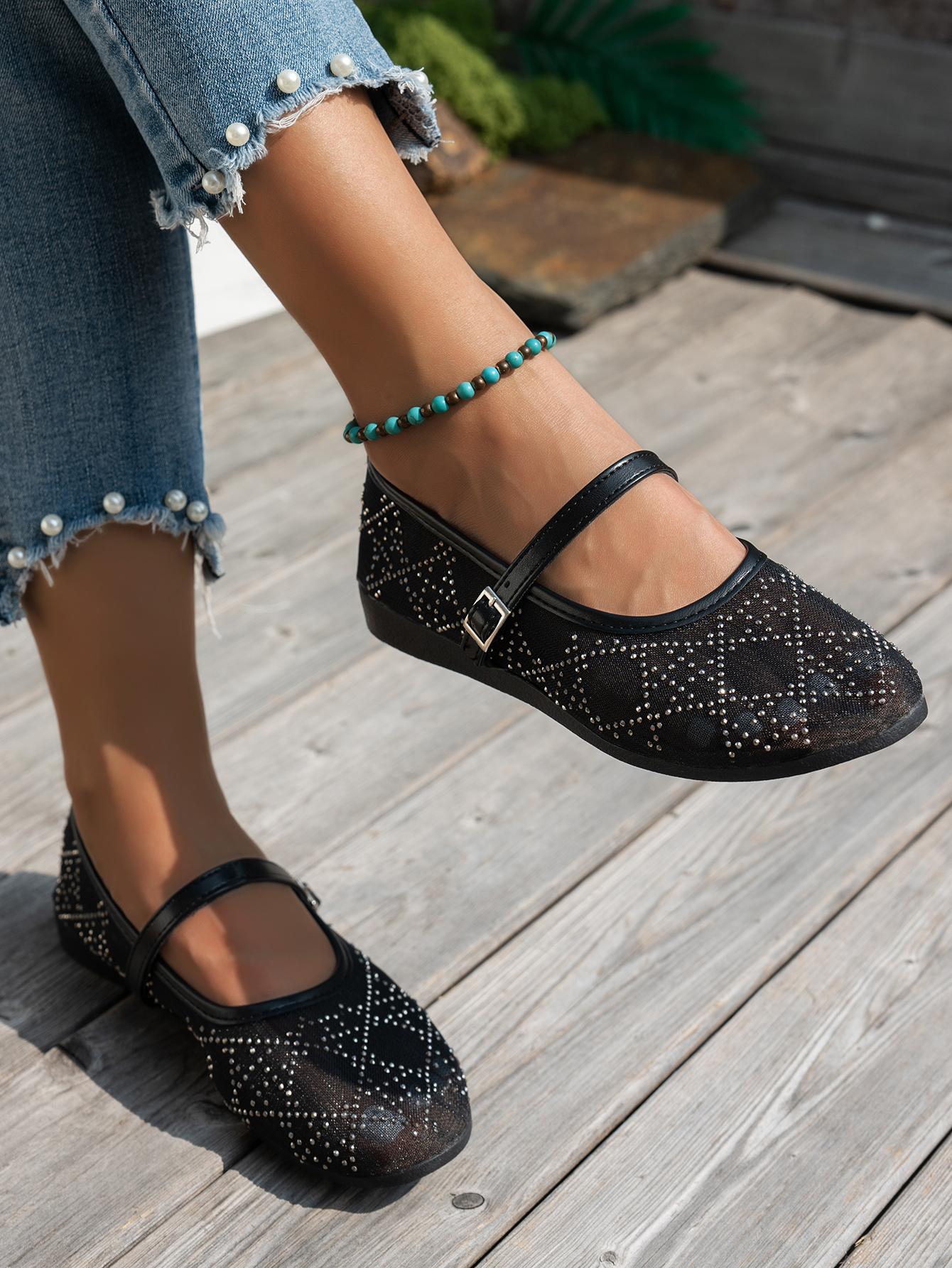 Women's Rhinestone Mesh Mary Jane Shoes, Summer Fairy Style Square Toe Ankle Strap Breathable Flats