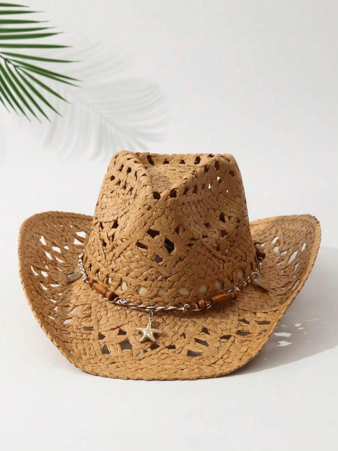 Women's Straw Pearl Shell Cowboy Hat, Foldable Beach Sun Protection Hat, Wide Brim Western Hat, Summer Fashion Accessory, Casual Hat