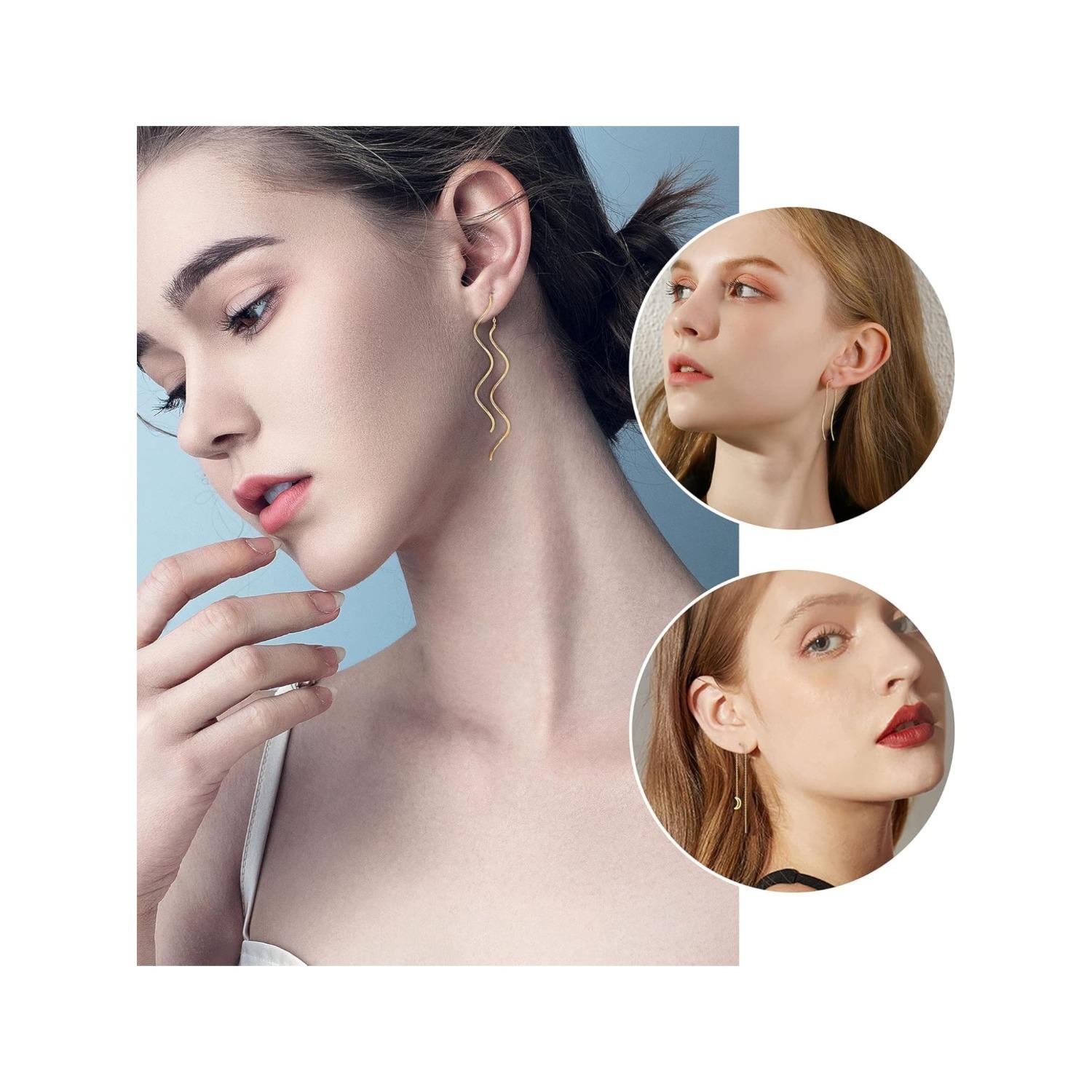 9 Pairs Threader Earrings for Women Pull Through Earrings Long Tassel Chain Earrings Weird Heart Dangle Drop Chain Earrings Set