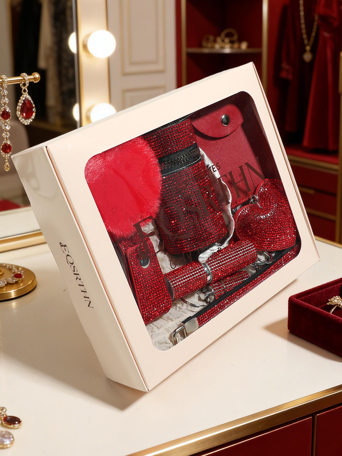 Cute and Powerful 14 Pcs Women's Safety Keychain Set Purple Glitter Blinged Out Bling Kit Includes Personal Siren Non Contact Tool Pepper Spray Holder Fluffy Ball Keychain Essential Gifts for Girls