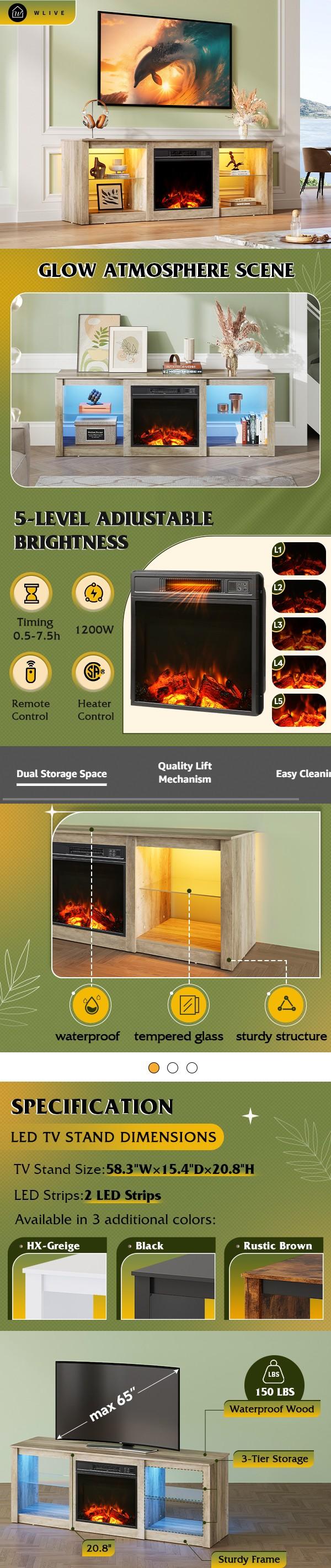 【2 Packages Shipped】WLIVE Fireplace TV Stand for up to 65 inch TVs, Modern LED Entertainment Center with Electric Fireplace Heater & Adjustable Glass Shelves, Sturdy Media Console for Living Room, Bedroom,Gaming