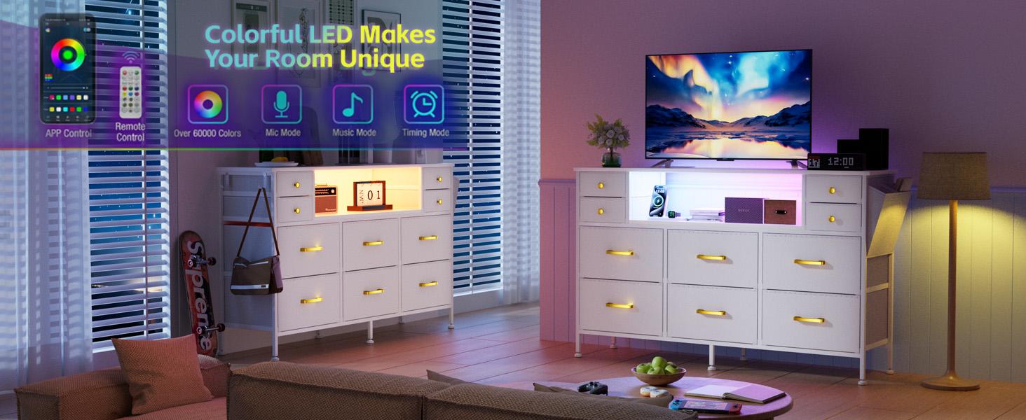 10-Drawer Dresser with Charging Station & LED Lights – Fabric Storage Organizer with Faux Leather Front, TV Stand for 55" TV, USB Ports, Side Pockets & Hooks, for Bedroom, Closet, Entryway, 47.2" W