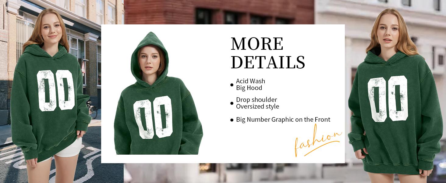 FAIABLE Acid Washed Vintage Print Number Women's Hoodie Oversized Fade Craft Long Sleeve Pullover Oversized Hoodie Wash Plush Cotton Hooded Sweatshirt Fleece Hoodies Cute Long Sleeve Preppy Sweatshirts Fall Oversized Pullover Hooded Tops
