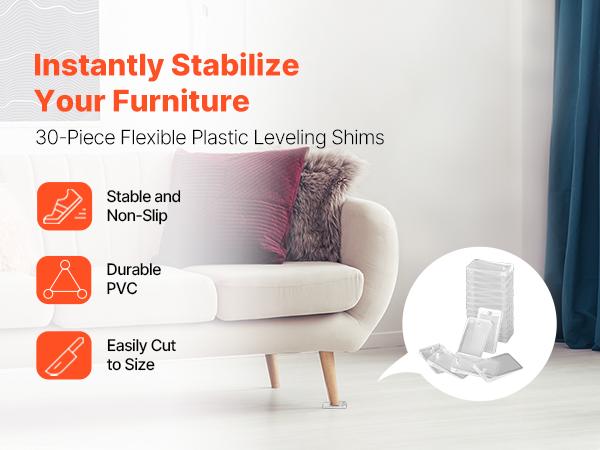 VEVOR Furniture Leveling Shims, 30 PCS 1.97x 1.16x 0.22 inch Non-Skid Clear Plastic Pads, Easy-to-Cut Furniture Leveler, Ideal Shim Leveler for Couch, Refrigerator, Table Legs to Avoid Wobbling