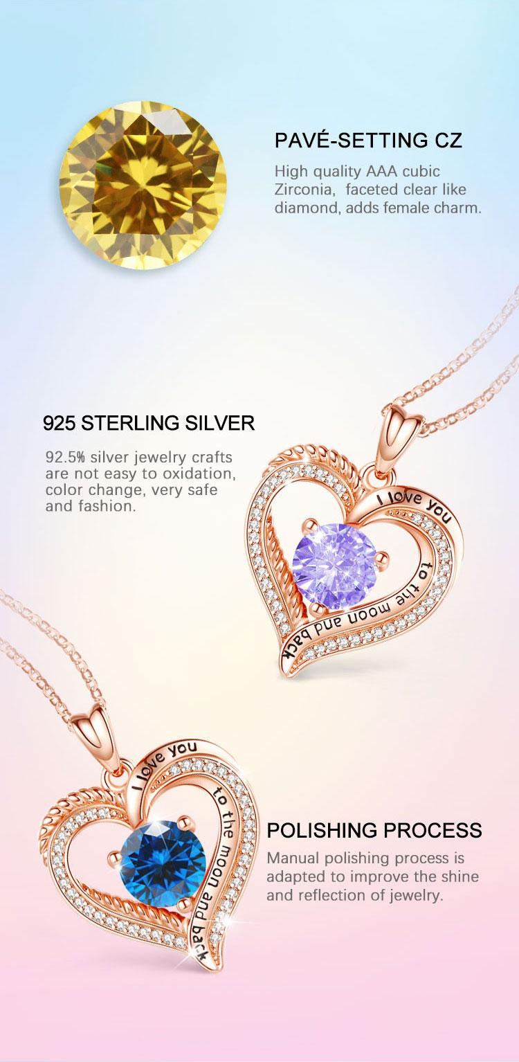 Elegant Birthstone Heart Necklace with Engraved I Love You to the Moon and Back, Rose Gold Heart Pendant, Bridesmaid & Lover Gift