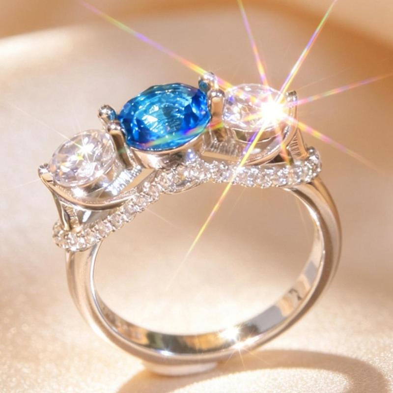 Sparkling 3 Stone Blue Topaz Ring Side Full Luxury Promise Wedding Ring Perfect Holiday Gift For Her Daily Party Wear Engagement Promise Wedding Band Luxury Cocktail Statement Jewelry Gift For Women Wife Girlfriend Birthday Anniversary Valentine