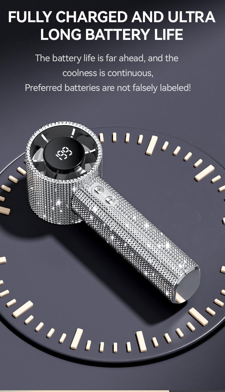 MGALL S5 Full Diamond Luxury Craftsmanship Portable Handheld Turbo Fan, 3 Gear Wind, Rechargeable Long  Battery Life Hand Fan With Digital Display For Outdoor Activities, Travel, Office,Wonmen's gift