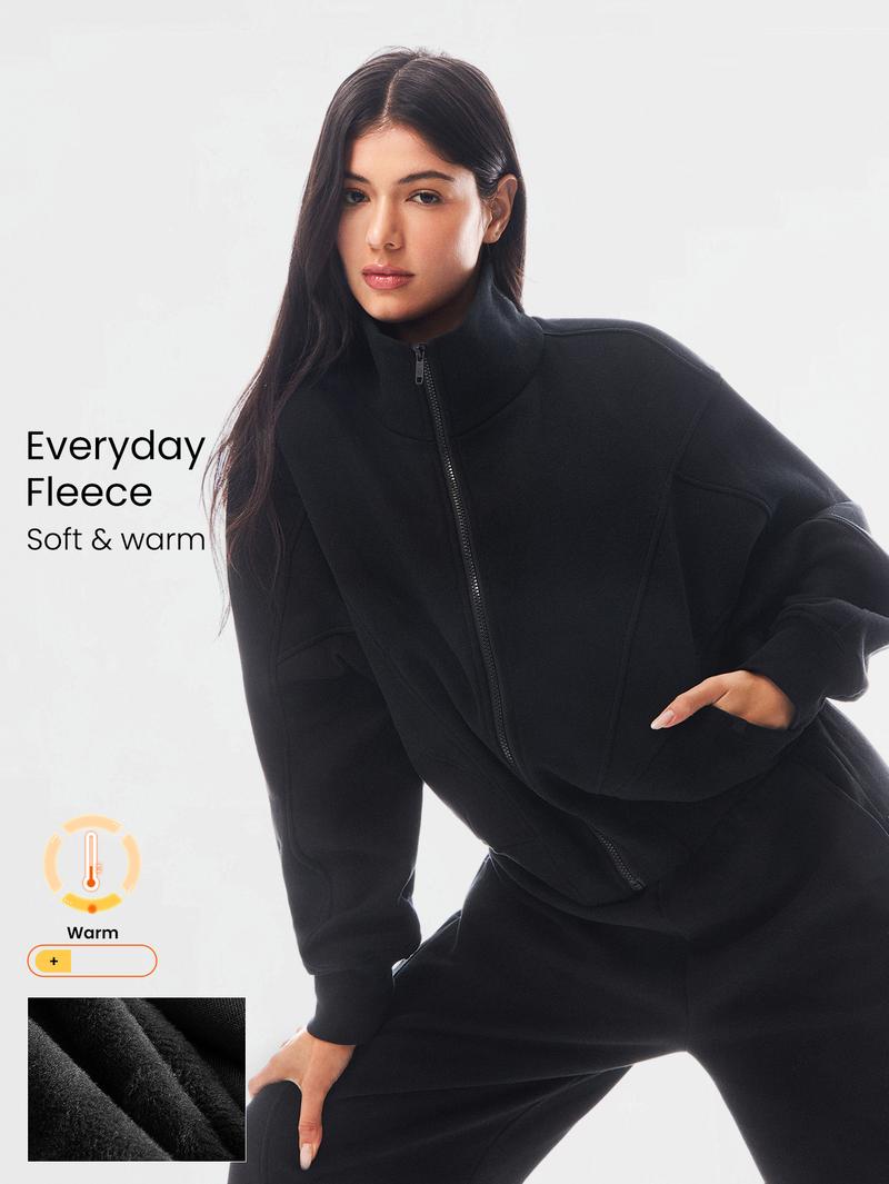 GLOWMODE Everyday Fleece WarmthSoft Warm Lightweight Front Back Seam Detailing Pockets Batwing Sleeve High Neckline Full-Zip Jacket