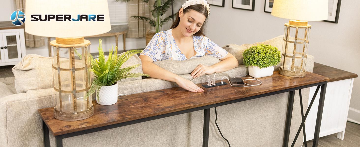 SUPERJARE 70 Inch Console Table with 2 Outlet and 2 USB Ports, Extra Long Entryway Table with Metal Frame and X-Shaped Design, Narrow Sofa Table for Living Room and Hallway Furniture Storage