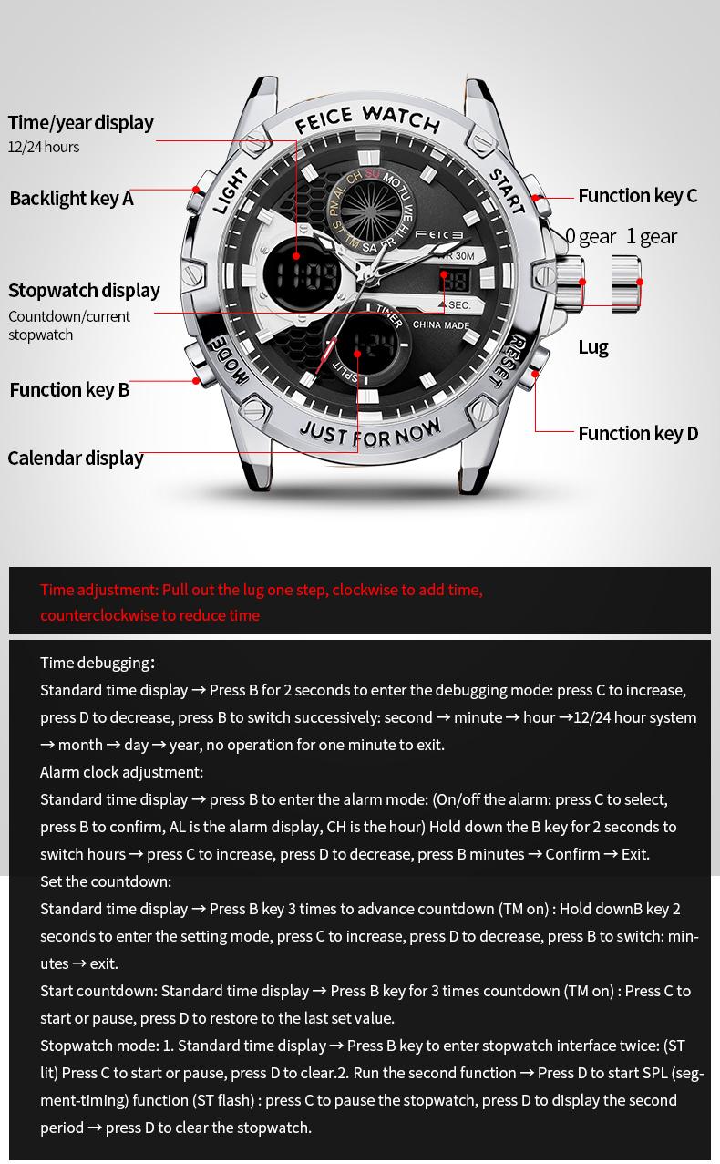 FEICE men's luxury business fashion watch, with a luminous elegant dial, waterproof sports watch - Black and silver gift set Chronograph Leather Style Fashionable Wristwatch