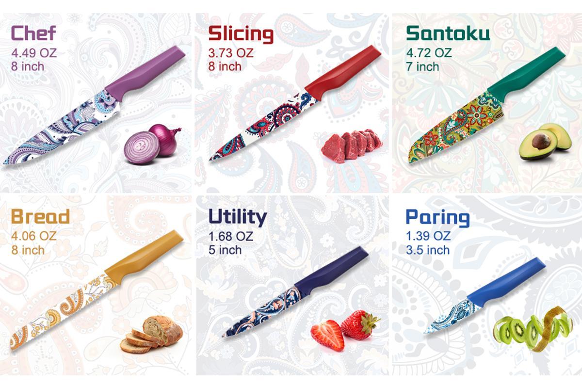 Astercook 6-Piece Color Knife Set, Paisley Pattern, Rust-Resistant Stainless Steel Knives, 6 Blade Guards, Dishwasher Safe. Utensils Kitchenware