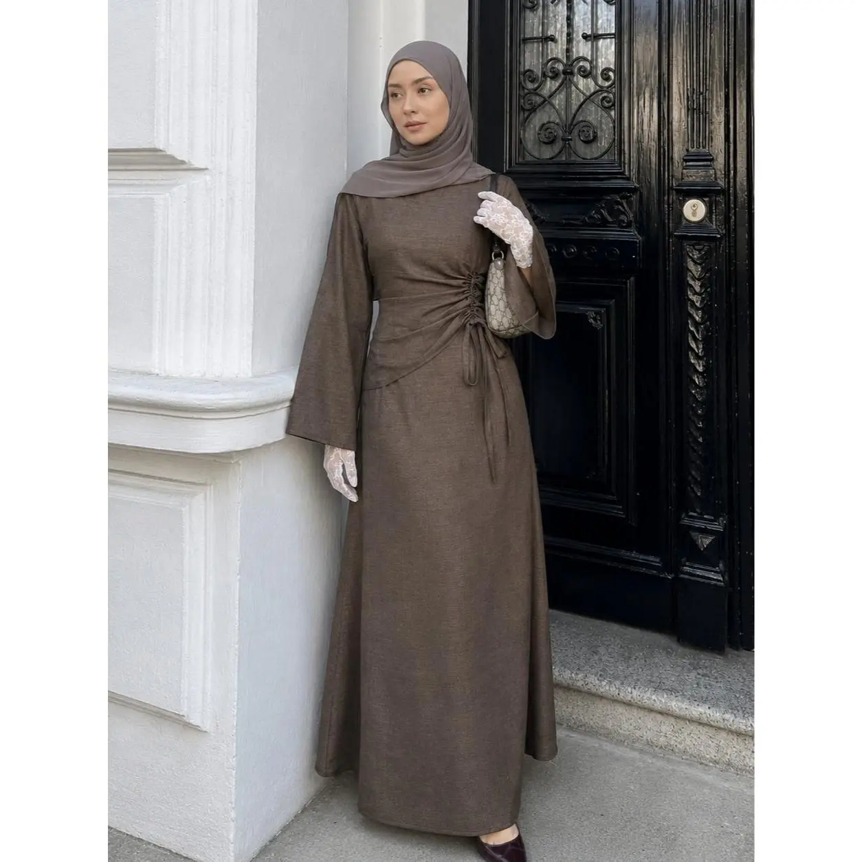 #CL83 Women Side Ruched Drawstring Abaya Maxi Dress, Flare Long Sleeve Modest Dress, Back Waist Tie Belt Slim Fit Floor Length , Elegant Casual Eid Ramadan Modest Wear for Daily & Special Occasions