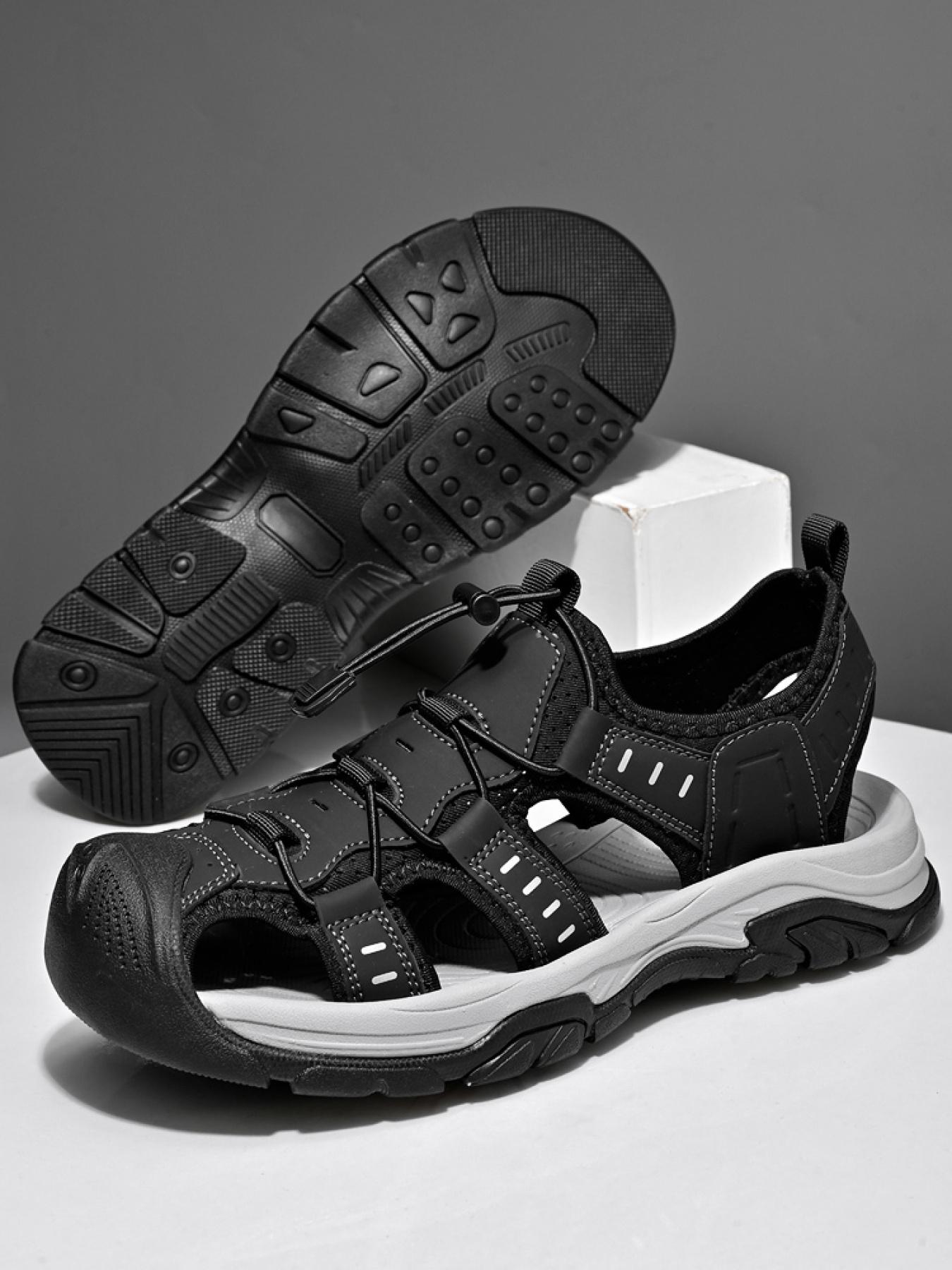 Men's Black and White Drawstring Closed-Toe Outdoor Sandals Thick-Soled Non-Slip Hollow-Out Water Shoes Breathable Durable Beach Hiking Shoes