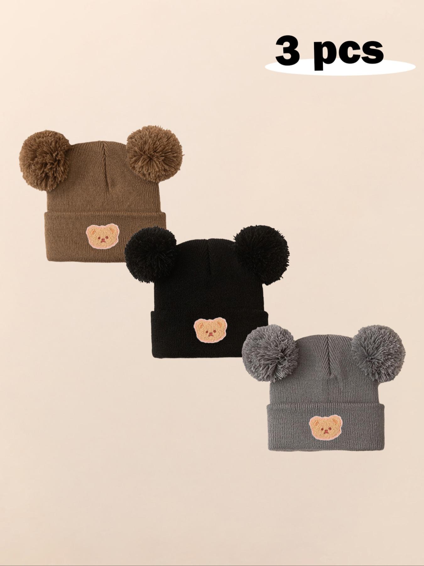 3pcs Baby Girl Newborn Toddler Pom-Pom Bear Beanie Hat, Cozy Knit Winter Warm Heart Cute Hat, Outdoor Baby Accessories Bonnet, Knitting Beanie